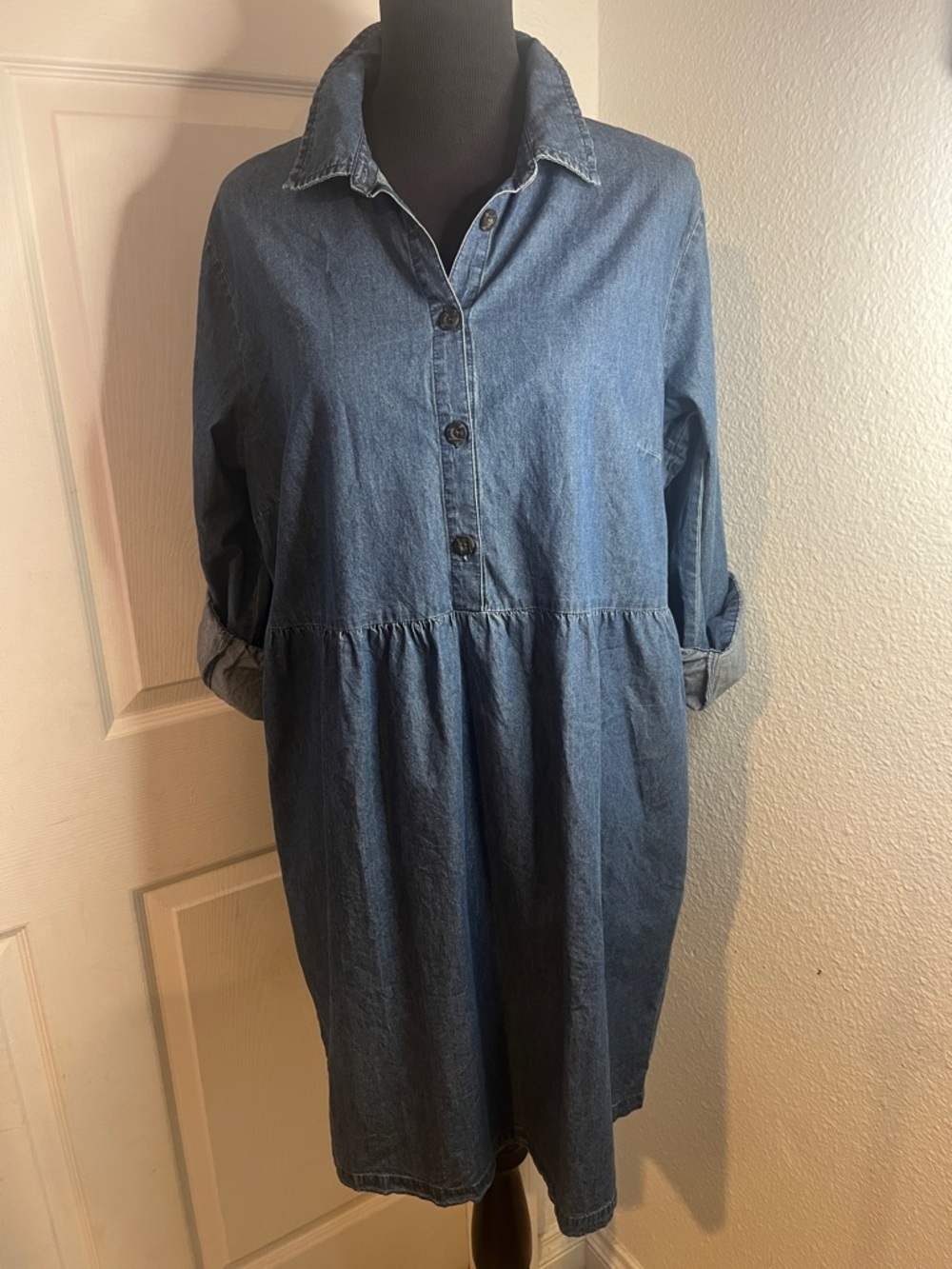 Nine West Mid-Blue Denim Long-Sleeve Button Dress